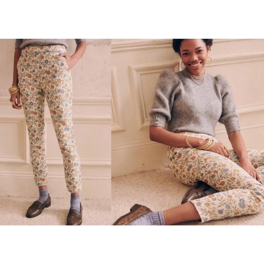 Sezane Cream Floral Tapered Cropped Trousers